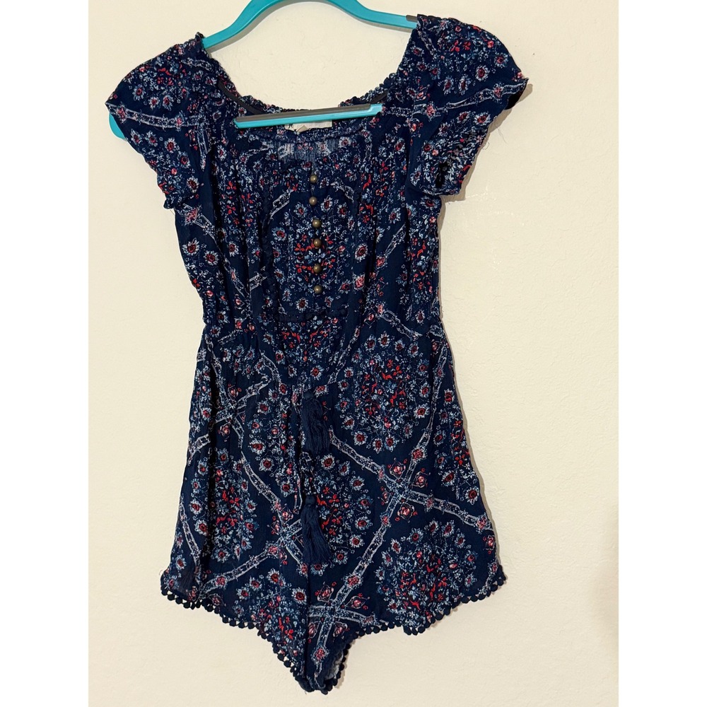 Jolt Navy Blue Floral Smocked Romper Tassel Pom Pom Trim Small JED35492QX